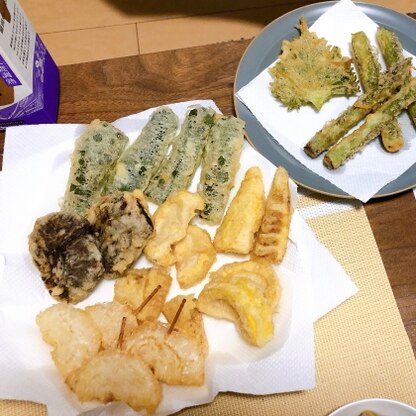 衣のレシピ、参考にさせていただきました。初めて天ぷら粉無しでつくりましたが、美味しくできました！
ありがとうございました✨